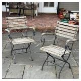 PAIR ANTIQUE IRON & TEAK PATIO CHAIRS | Smith & Hawken spring armchairs, with articulating frames; h