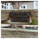 PAIR ANTIQUE IRON & TEAK PATIO CHAIRS | Smith & Hawken spring armchairs, with articulating frames; h