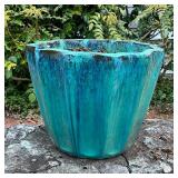 GLAZED POTTERY PLANTER | Blue turquoise glazed planter; h. 15 x dia. 20 in. [with crack, as pictured