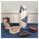 (5pc) POTTERY AND OTHER | Including a Japanese stoneware vase, a rectangular vase, two small planter