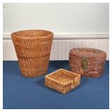 (3pc) WOVEN ITEMS | Including a Chinese picnic basket with brass fixtures, a napkin holder, and a wa