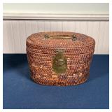 (3pc) WOVEN ITEMS | Including a Chinese picnic basket with brass fixtures, a napkin holder, and a wa
