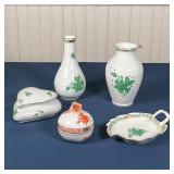 (5pc) HEREND & OTHER CHINA | Including 2 vases, a small leaf-form dish, a covered box with flower-fo