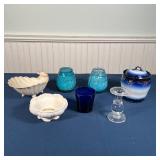 (7pc) DECORATIVE ITEMS | Including a pair of turquoise glass candle holders, an Austrian lidded jar,