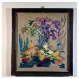 EMBROIDERY STILL LIFE | Needlepoint embroidery still life with fruit; overall 23 x 21 in. (framed)