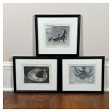 (3pc) FRAMED ETCHINGS | Etchings or woodblock prints, each pencil signed indistinctly lower right; l