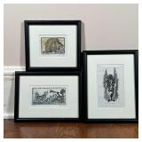 (3pc) FRAMED ETCHINGS | Etchings or woodblock prints, each pencil signed indistinctly lower right; l