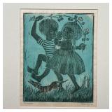 including one of a girl playing cello, the other showing children frolicking; overall 18 x 15 in.