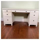 ETHAN ALLEN DESK | White painted wood knee-hole desk having three drawers on the left side and a sin