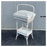WICKER SEWING BASKET on STAND | With lower shelf; h. 33 x 18 x 15 in.