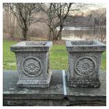 PAIR CEMENT PLANTERS | With embossed flower planter; h. 11 x w. 10 x d. 10 in.