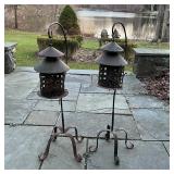 PAIR WROUGHT IRON HANGING LANTERNS | Pagoda style, on stands; overall h. 38 in.