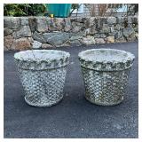PAIR BASKET-FORM PLANTERS | Cement planters; h. 14 x dia. 15 in.