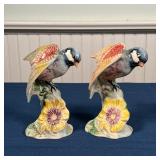  two English bird figures mounted on sunflowers and an American pottery group (l. 8-1/2 in.)