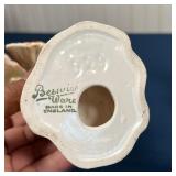  two English bird figures mounted on sunflowers and an American pottery group (l. 8-1/2 in.)