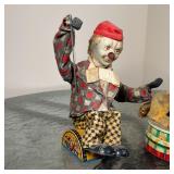  Alps Japan clown figure on a tin barrel, a Japanese tin lion toy, and a small stuffed bear; clown t