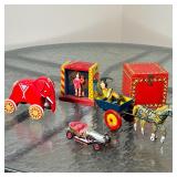 (5pc) TIN & OTHER TOYS | Including a mechanical dancing clown in a painted wood stage, a tin horse a