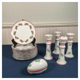 SET CHRISTMAS CHINA | Including an egg-shaped covered dish, eleven plates, and four candle stands