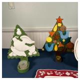 Christmas tree candle holders (tallest h. 13-1/2 in.) and two Christmas platters