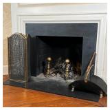 (5pc) FIREPLACE SUITE | Including a pair of ball andirons (16 in.), a four-part screen, log holder, 