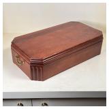 Wooden jewelry box with velvet interior having a lift out tray and side carrying handles; 5 x 18 x 1