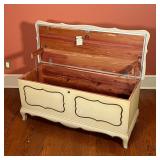 Paint decorated blanket chest or bench with hinged lid, with lock marked "LANE"; h. 19-1/4 x w. 44 x