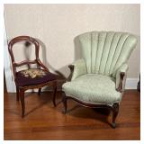 (2pc) ANTIQUE CHAIRS | including a fan-back upholstered chair (h. 35 x 27 x 37 in) and a hairpin-bac