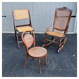 (3pc) CANE SEATING | Including a rocking chair, folding chair, and a child