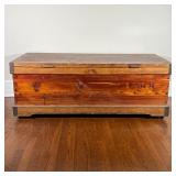LARGE WOODEN CHEST | Blanket chest, stained wood, with dolphin-form handled key; h. 20-1/4 x w. 50-1
