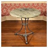 Photo DescriptTEAK & IRON SIDE TABLE | Weather teak strip top; 29 x dia. 30 in.ion