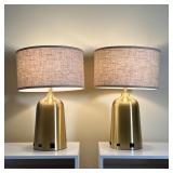 PAIR BRUSHED GOLD POWER LAMPS | Elegant Lighting "Brio" table lamps, each with a USB and power outle