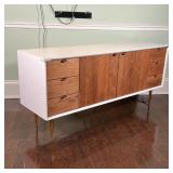 POST MODERN CREDENZA | White lacquered exterior with natural wood doors and drawer fronts, soft-clos