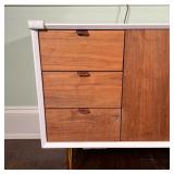 POST MODERN CREDENZA | White lacquered exterior with natural wood doors and drawer fronts, soft-clos