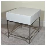 WEST ELM BEDSIDE STAND | White lacquered drawer and case on a chrome frame; h. 22 x 20 x 22 in.
