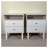 PAIR BEDSIDE STANDS | Open shelf over two drawers; particle board with some separations; 29 x 22-1/2