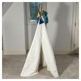 WHITE CANVAS TEEPEE | White canvas with stitched windows on a cross wooden dowel frame; 63 x 40 x 40
