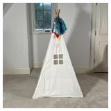 WHITE CANVAS TEEPEE | White canvas with stitched windows on a cross wooden dowel frame; 63 x 40 x 40