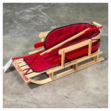 L.L. BEAN SLED | LL Bean wood sled with pull handle and red upholstered seat cushion; h. 14 x w. 38 