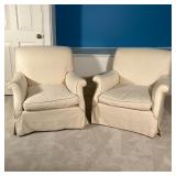 PAIR UPHOLSTERED ARMCHAIRS | Outset arms; h. 32 x 35 x 39 in. [worn, with staining]
