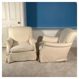 PAIR UPHOLSTERED ARMCHAIRS | Outset arms; h. 32 x 35 x 39 in. [worn, with staining]