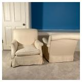 PAIR UPHOLSTERED ARMCHAIRS | Outset arms; h. 32 x 35 x 39 in. [worn, with staining]