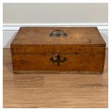  BURLWOOD BOX | Jewelry box or document box with burled veneer and brass hardware; h. 5-1/2 x w. 15 