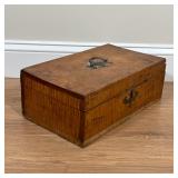  BURLWOOD BOX | Jewelry box or document box with burled veneer and brass hardware; h. 5-1/2 x w. 15 