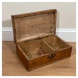  BURLWOOD BOX | Jewelry box or document box with burled veneer and brass hardware; h. 5-1/2 x w. 15 