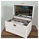 WOLF TRAVEL LEATHER JEWELRY BOX | White quilted exterior; 8 x 13 x 9 in.