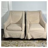 PAIR FANCY ARMCHAIRS | With linen slip covers, green silk underneath; h. 37 x 30 x 36 in. [staining 
