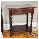 CARVED WOOD NIGHTSTAND | Side table with twisted column supports, having a single drawer; h. 32 x w.