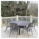ALUMINUM PATIO SUITE | Outdoor patio dining set, comprising a large round table and six armchairs; t