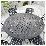ALUMINUM PATIO SUITE | Outdoor patio dining set, comprising a large round table and six armchairs; t