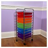 COLORFUL STORAGE DRAWERS | Rainbow plastic drawers on a chrome stand; h. 36 x w. 13 x d. 15 in.